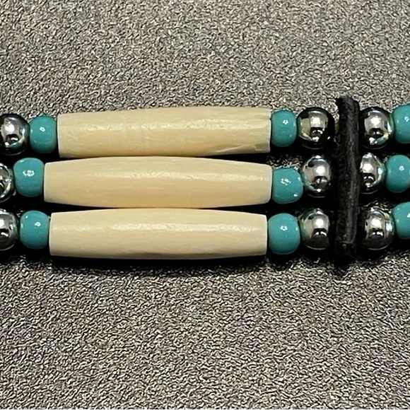 Buffalo Bone Native American Tribal Choker Beaded Turquoise Pewter Necklace VTG - Picture 9 of 16